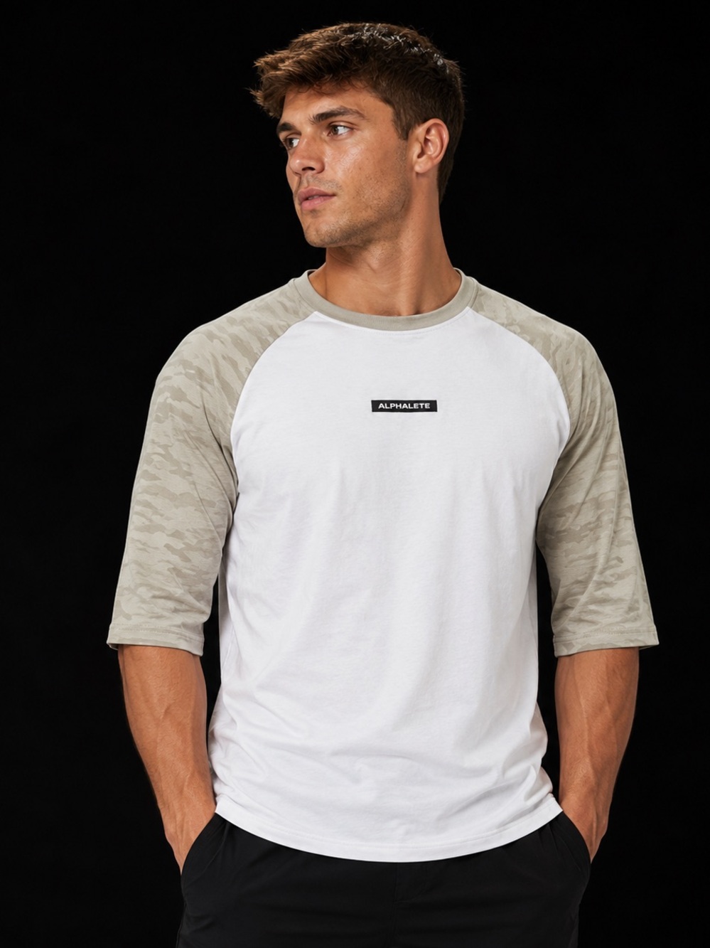Alphalete White Raglan Tee with Tan Camo Sleeves